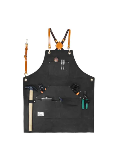 Multi-pockets Apron Waterproof Canvas Apron for Heavy Duty Woodworking Gardening, Brown Leather Strap D001 - Black