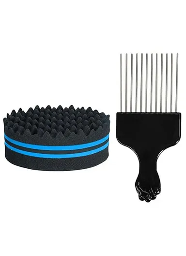 Curl Sponge Set for Black Men Hair Twist Styling Tool with Brush and Comb for Home / Barbershop - Blue