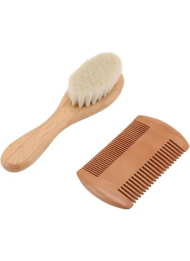 Small Baby Wool Brush and Double-Sided Comb Set Natural Soft Goat Hair Grooming Kit for Scalp Massage