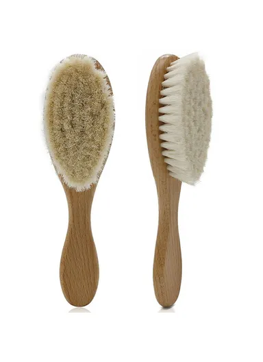 Baby Wool Brush Natural Goat Bristles For Healthier Scalp Wooden Handle Brush - L Size