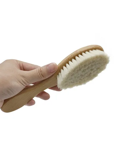 Baby Wool Brush Natural Goat Bristles For Healthier Scalp Wooden Handle Brush - L Size
