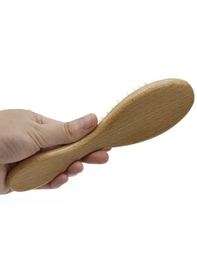 Baby Wool Brush Natural Goat Bristles For Healthier Scalp Wooden Handle Brush - L Size