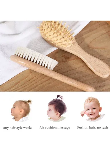 Beech Wood Baby Comb Large Soft Wool Brush For Children Gentle On Scalp Hair Care Set
