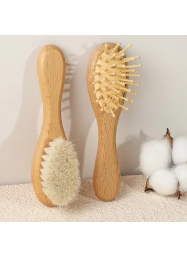 Beech Wood Baby Comb Large Soft Wool Brush For Children Gentle On Scalp Hair Care Set
