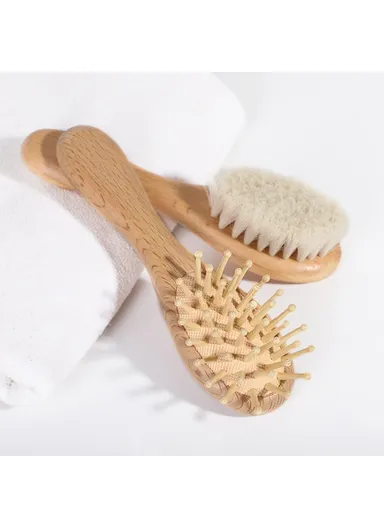 Beech Wood Baby Comb Large Soft Wool Brush For Children Gentle On Scalp Hair Care Set