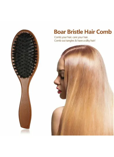 Natural Boar Bristle Hair Brush Anti Static Scalp Massage Comb with Wooden Handle for Long Thick Curly Hair