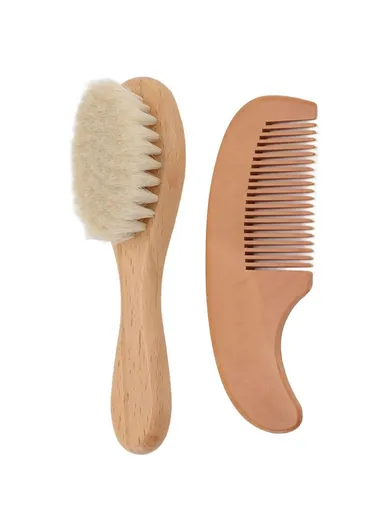 Small Baby Wool Brush and Curved Comb Set Goat Hair Brush For Newborn Scalp Massage Gentle Grooming
