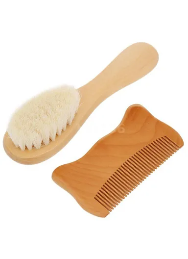 Small Baby Wool Brush and Cat Ear Wooden Comb Set Soft Bristles Brush for Newborns/ Infants/ Toddlers Scalp Massage