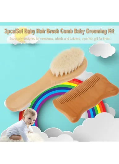 Small Baby Wool Brush and Cat Ear Wooden Comb Set Soft Bristles Brush for Newborns/ Infants/ Toddlers Scalp Massage