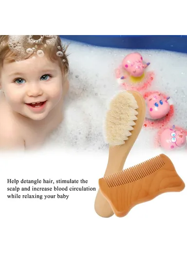 Small Baby Wool Brush and Cat Ear Wooden Comb Set Soft Bristles Brush for Newborns/ Infants/ Toddlers Scalp Massage