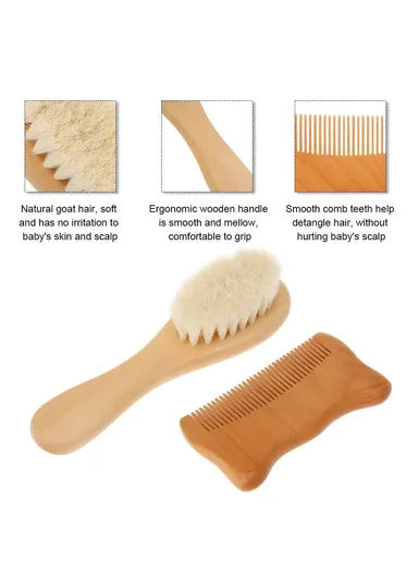 Small Baby Wool Brush and Cat Ear Wooden Comb Set Soft Bristles Brush for Newborns/ Infants/ Toddlers Scalp Massage