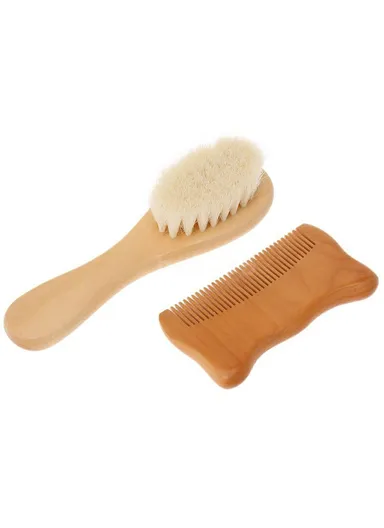 Small Baby Wool Brush and Cat Ear Wooden Comb Set Soft Bristles Brush for Newborns/ Infants/ Toddlers Scalp Massage
