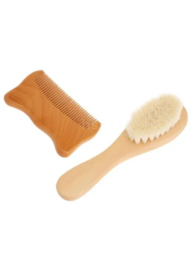 Small Baby Wool Brush and Cat Ear Wooden Comb Set Soft Bristles Brush for Newborns/ Infants/ Toddlers Scalp Massage