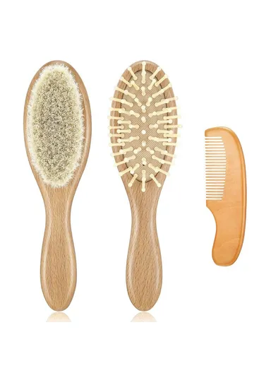 Large Baby Wool Brush 3 Piece Set For Infant Hair Care Soft Bristles Massage Comb with Wooden Handle