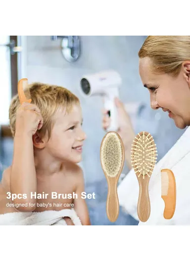 Large Baby Wool Brush 3 Piece Set For Infant Hair Care Soft Bristles Massage Comb with Wooden Handle