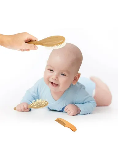 Large Baby Wool Brush 3 Piece Set For Infant Hair Care Soft Bristles Massage Comb with Wooden Handle
