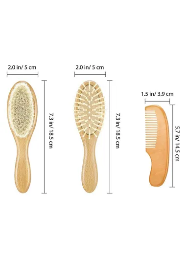 Large Baby Wool Brush 3 Piece Set For Infant Hair Care Soft Bristles Massage Comb with Wooden Handle
