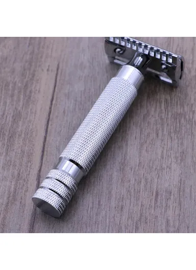 Flat Bottom Safety Razor Double Edge Barber Shaver with Textured Handle for Close Shaving