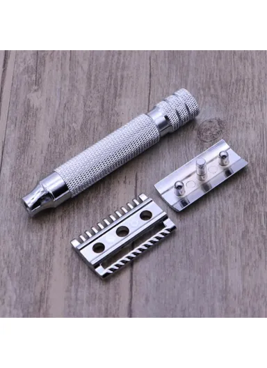 Flat Bottom Safety Razor Double Edge Barber Shaver with Textured Handle for Close Shaving