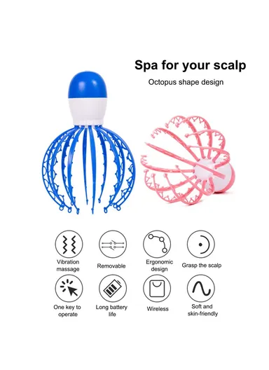 Electric Head Scalp Massager Release Stress Alleviate Fatigue Vibration Massager Claw Octopus Portable Removable Massage Device - Blue