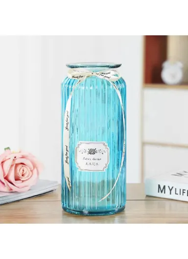24cm Height Minimalist Vertical Striped Glass Vase for Fresh Flowers, Lucky Bamboo &amp; Hydroponic Plants - Blue