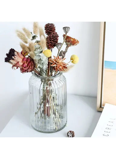 24cm Height Minimalist Vertical Striped Glass Vase for Fresh Flowers, Lucky Bamboo &amp; Hydroponic Plants - Blue