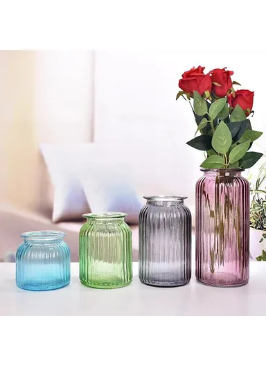 24cm Height Minimalist Vertical Striped Glass Vase for Fresh Flowers, Lucky Bamboo &amp; Hydroponic Plants - Blue