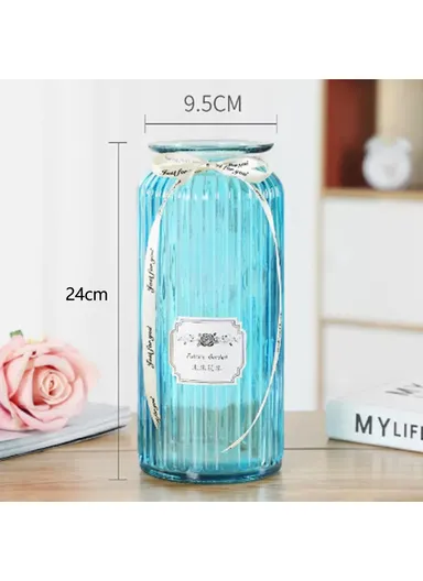 24cm Height Minimalist Vertical Striped Glass Vase for Fresh Flowers, Lucky Bamboo &amp; Hydroponic Plants - Blue