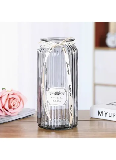 24cm Height Minimalist Vertical Striped Glass Vase for Fresh Flowers, Lucky Bamboo &amp; Hydroponic Plants - Grey