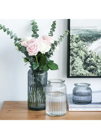 24cm Height Minimalist Vertical Striped Glass Vase for Fresh Flowers, Lucky Bamboo &amp; Hydroponic Plants - Grey