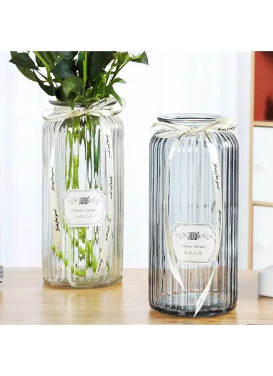 24cm Height Minimalist Vertical Striped Glass Vase for Fresh Flowers, Lucky Bamboo &amp; Hydroponic Plants - Grey