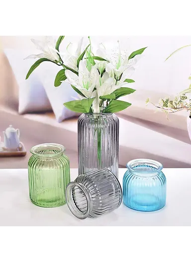 24cm Height Minimalist Vertical Striped Glass Vase for Fresh Flowers, Lucky Bamboo &amp; Hydroponic Plants - Grey