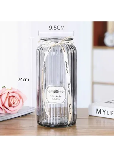 24cm Height Minimalist Vertical Striped Glass Vase for Fresh Flowers, Lucky Bamboo &amp; Hydroponic Plants - Grey