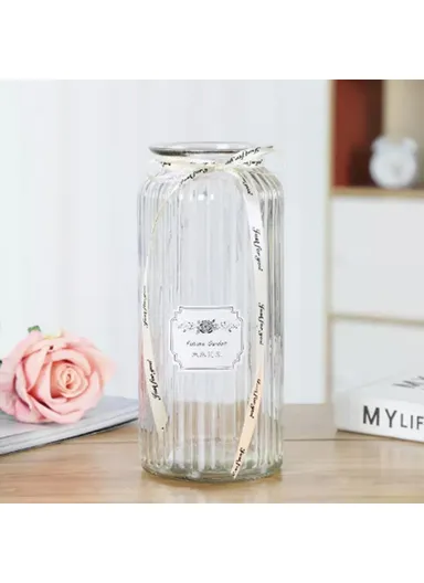 24cm Height Minimalist Vertical Striped Glass Vase for Fresh Flowers, Lucky Bamboo &amp; Hydroponic Plants - Transparent