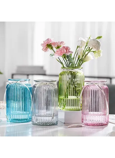 24cm Height Minimalist Vertical Striped Glass Vase for Fresh Flowers, Lucky Bamboo &amp; Hydroponic Plants - Transparent