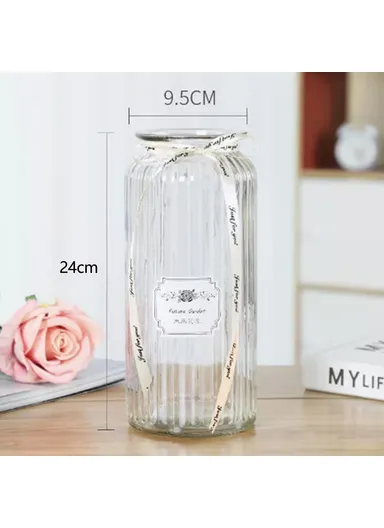 24cm Height Minimalist Vertical Striped Glass Vase for Fresh Flowers, Lucky Bamboo &amp; Hydroponic Plants - Transparent