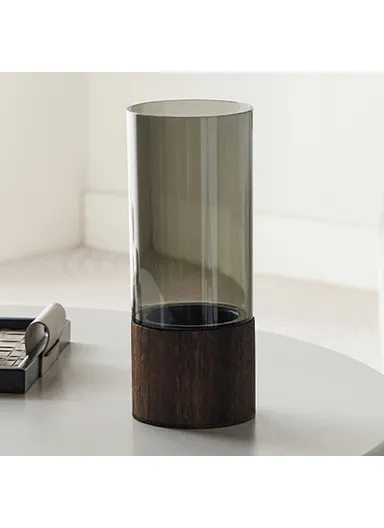 10x25cm Minimalist Flower Vase with Wooden Base, PET Transparent Cylinder Vase Living Room Decoration - Grey