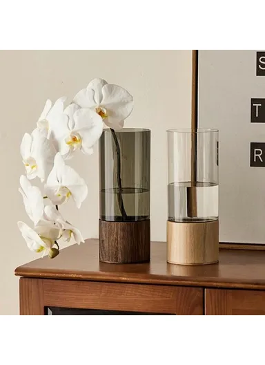 10x25cm Minimalist Flower Vase with Wooden Base, PET Transparent Cylinder Vase Living Room Decoration - Grey