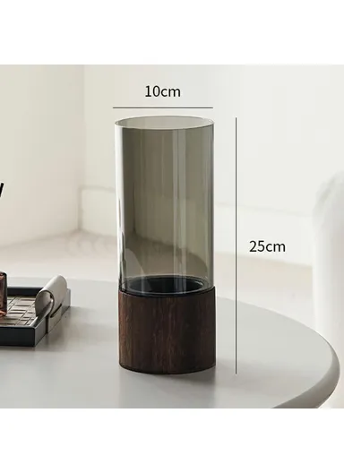 10x25cm Minimalist Flower Vase with Wooden Base, PET Transparent Cylinder Vase Living Room Decoration - Grey