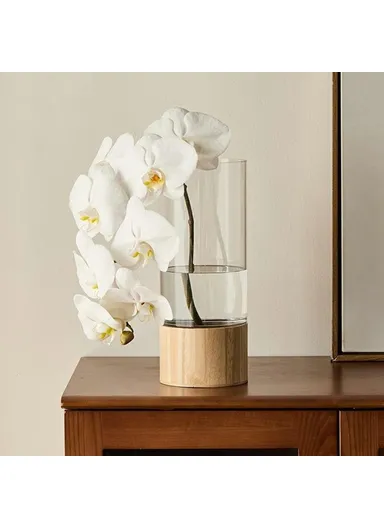 10x25cm Minimalist Flower Vase with Wooden Base PET Transparent Cylinder Vase Living Room Decoration - Wood Color
