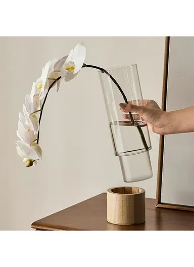 10x25cm Minimalist Flower Vase with Wooden Base PET Transparent Cylinder Vase Living Room Decoration - Wood Color