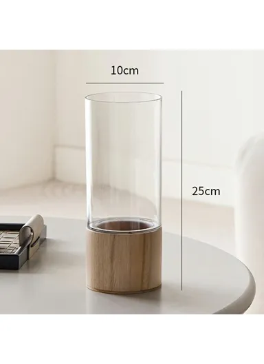 10x25cm Minimalist Flower Vase with Wooden Base PET Transparent Cylinder Vase Living Room Decoration - Wood Color