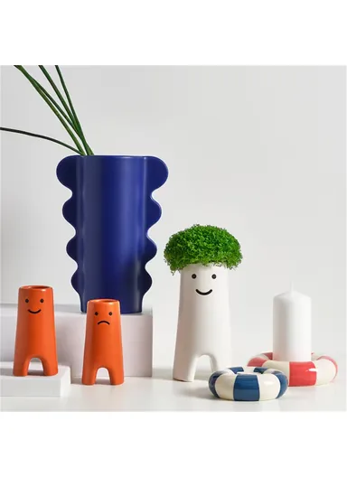 Small Round Ceramic Candle Holder Swimming Ring Shape Candle Base Home Decor - Pink+White