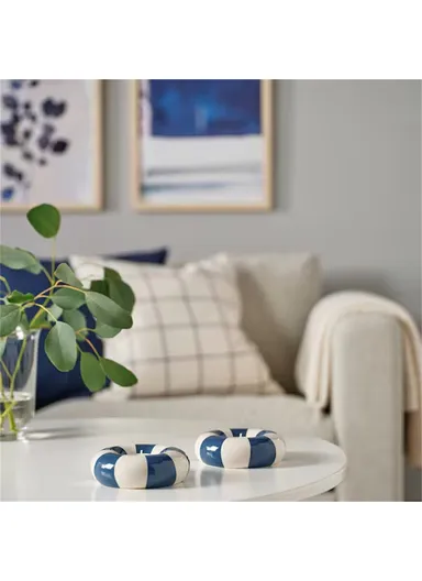 Small Round Ceramic Candle Holder Swimming Ring Shape Candle Base Home Decor - Blue+White
