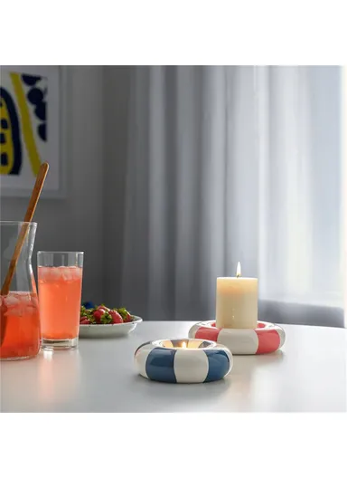 Small Round Ceramic Candle Holder Swimming Ring Shape Candle Base Home Decor - Blue+White