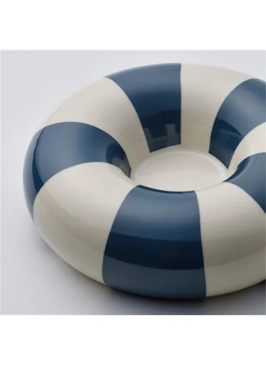 Small Round Ceramic Candle Holder Swimming Ring Shape Candle Base Home Decor - Blue+White
