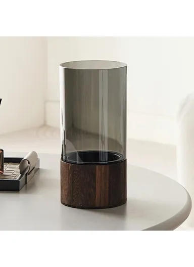 12x25cm Minimalist Flower Vase with Wooden Base, PET Transparent Cylinder Vase Living Room Decoration - Grey