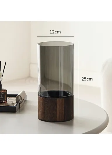 12x25cm Minimalist Flower Vase with Wooden Base, PET Transparent Cylinder Vase Living Room Decoration - Grey