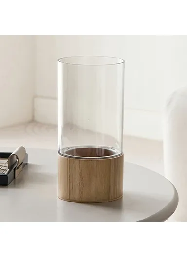 12x25cm Minimalist Flower Vase with Wooden Base, PET Transparent Cylinder Vase Living Room Decoration - Wood Color