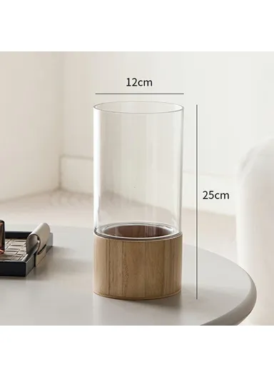 12x25cm Minimalist Flower Vase with Wooden Base, PET Transparent Cylinder Vase Living Room Decoration - Wood Color